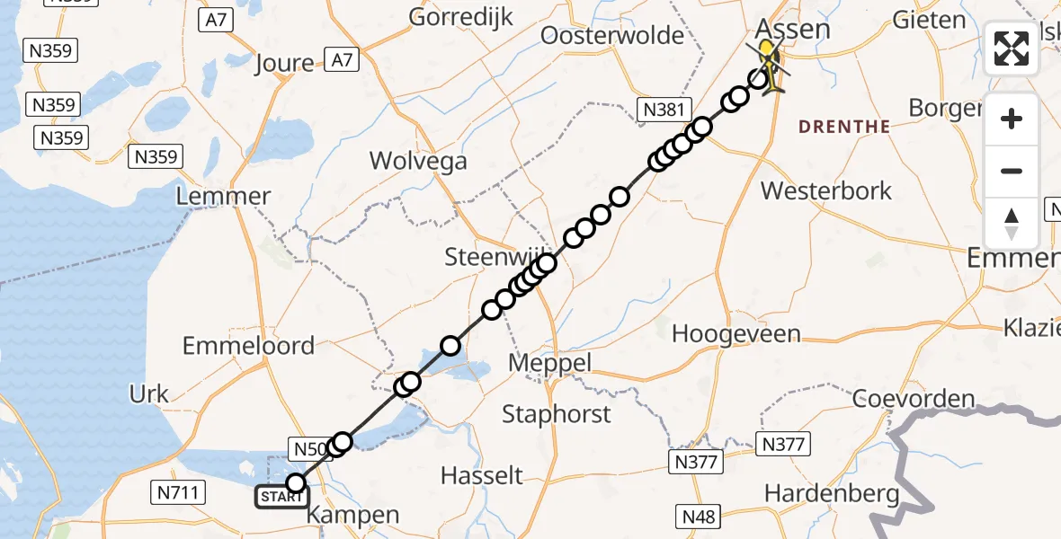 Routekaart van de vlucht: Traumaheli naar Assen