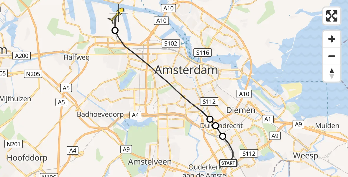 Routekaart van de vlucht: Lifeliner 1 naar Amsterdam Heliport