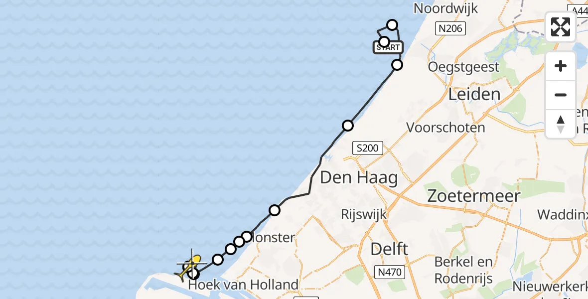 Routekaart van de vlucht: Politieheli naar Hoek van Holland