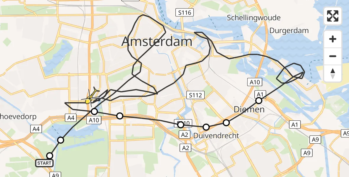 Routekaart van de vlucht: Politieheli naar Amsterdam