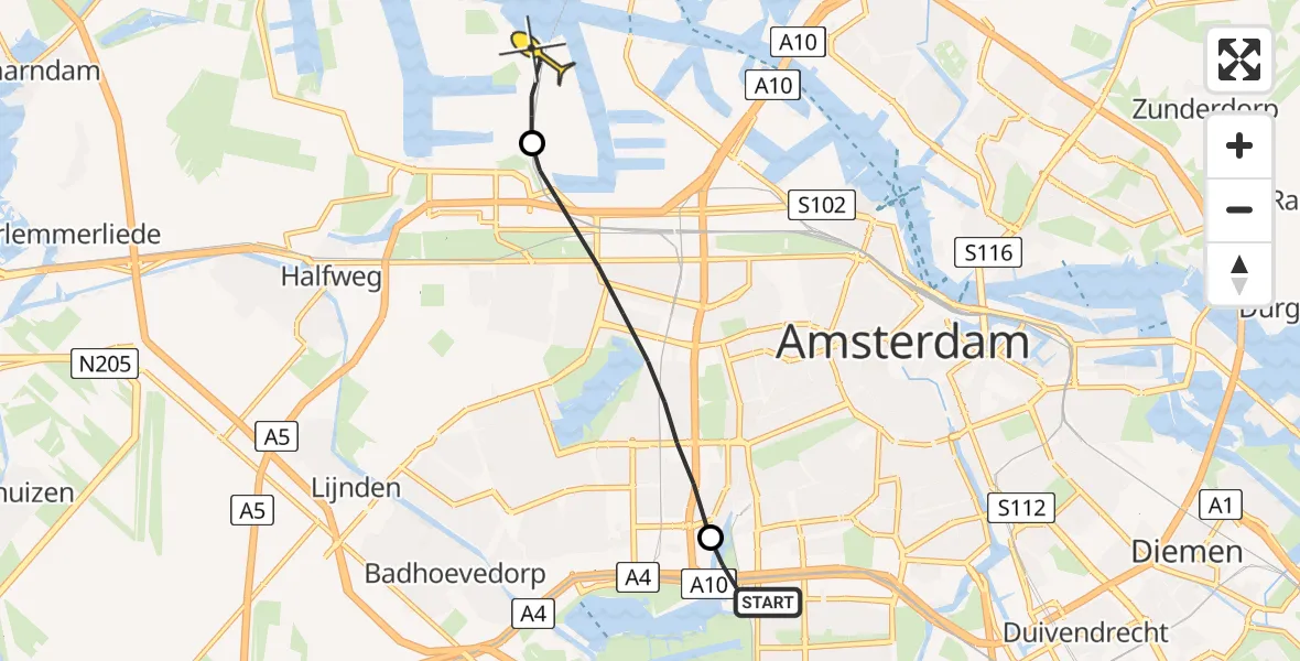 Routekaart van de vlucht: Lifeliner 1 naar Amsterdam Heliport