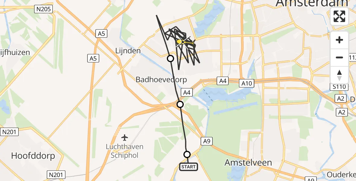 Routekaart van de vlucht: Politieheli naar Amsterdam