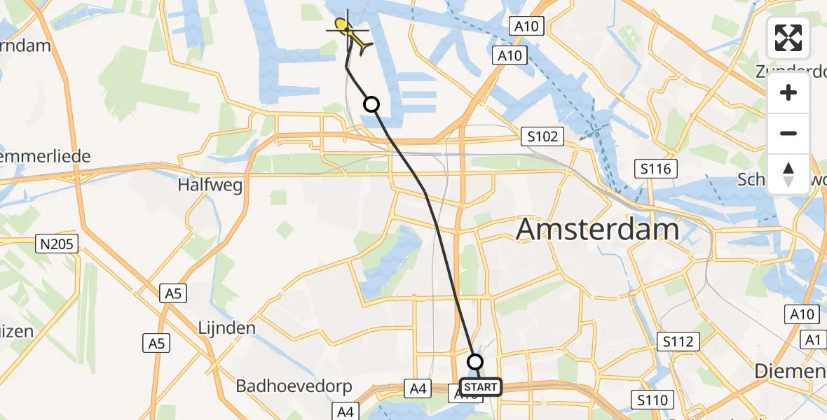 Routekaart van de vlucht: Lifeliner 1 naar Amsterdam Heliport