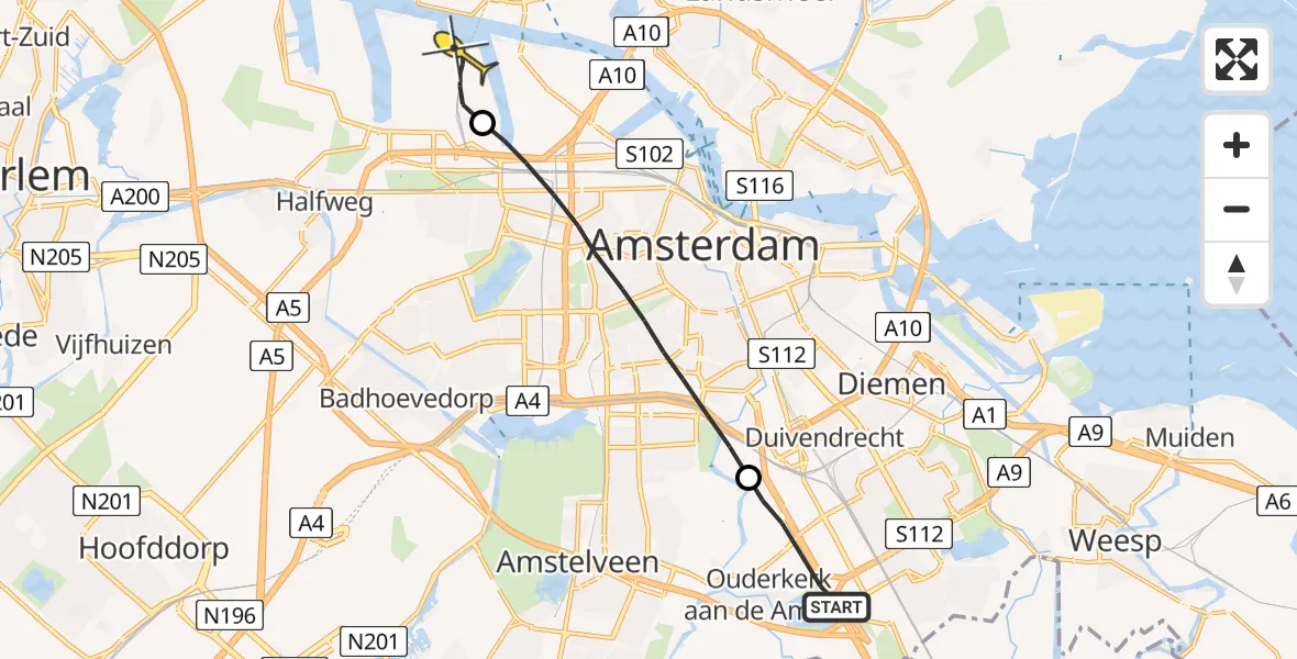 Routekaart van de vlucht: Lifeliner 1 naar Amsterdam Heliport