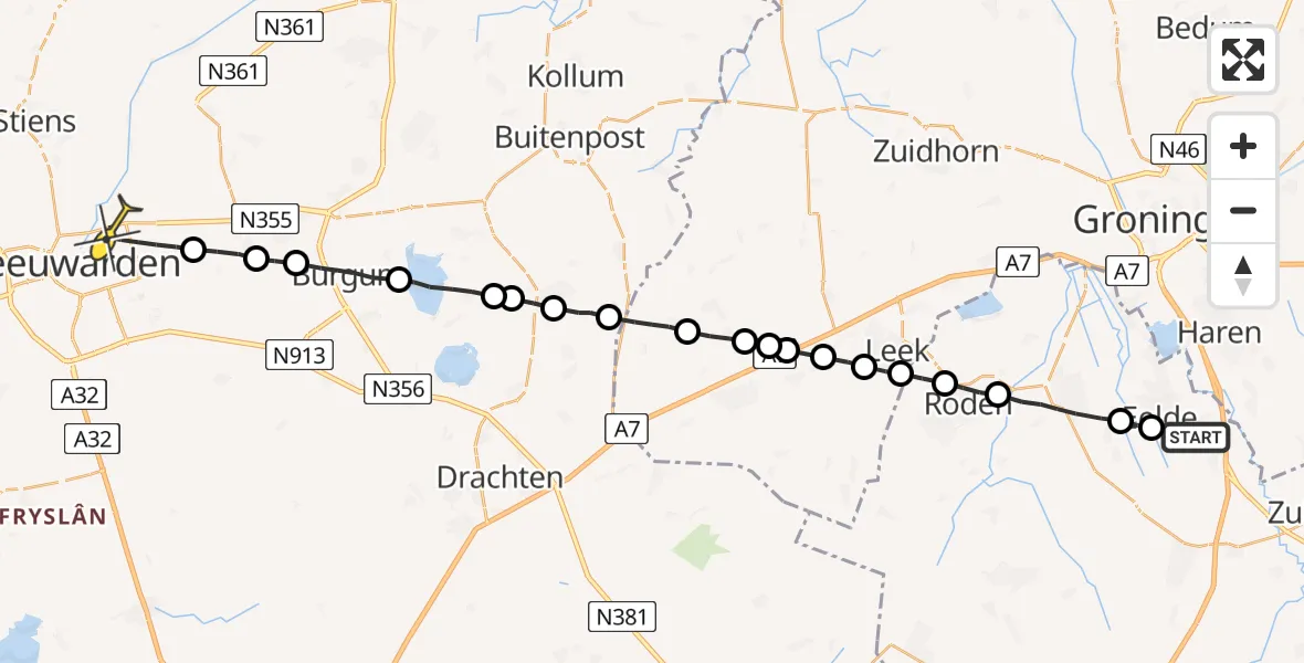 Routekaart van de vlucht: Lifeliner 4 naar Leeuwarden