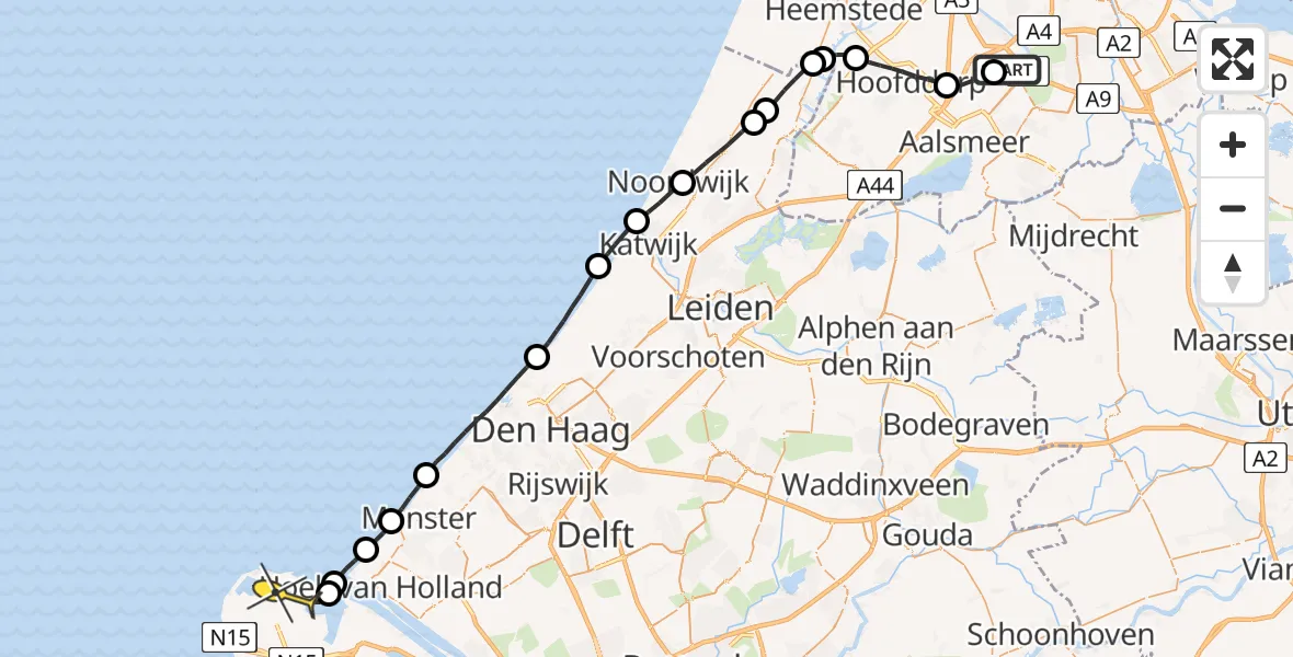 Routekaart van de vlucht: Politieheli naar Maasvlakte