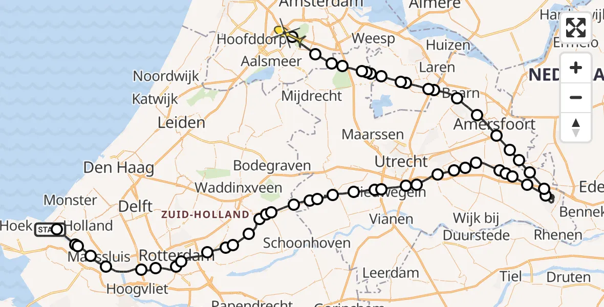 Routekaart van de vlucht: Politieheli naar Schiphol