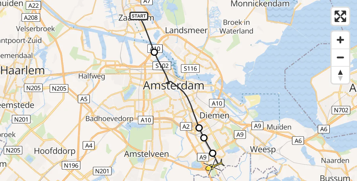 Routekaart van de vlucht: Lifeliner 1 naar Academisch Medisch Centrum (AMC)