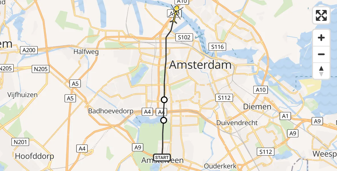 Vluchtroute Politiehelikopter van Amstelveen naar Amsterdam