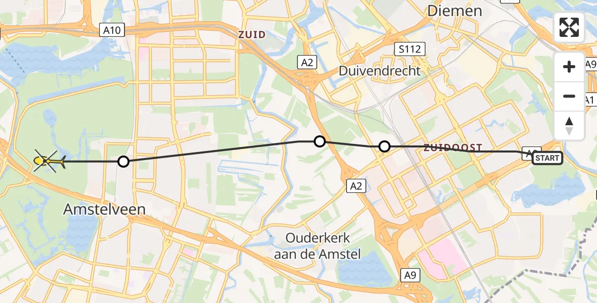 Routekaart van de vlucht: Politieheli naar Amstelveen