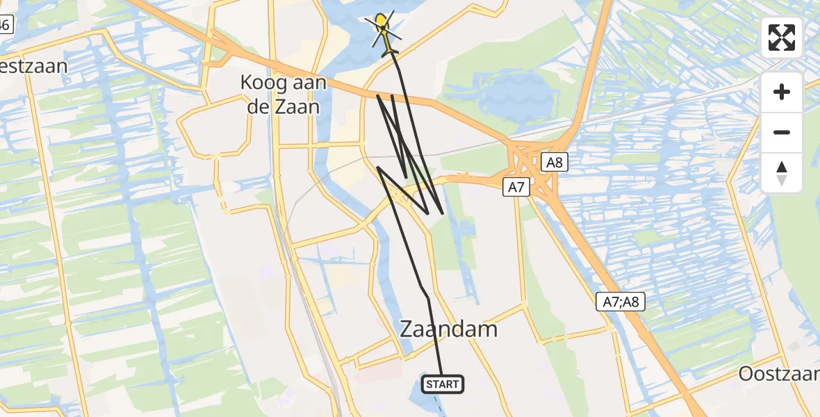 Routekaart van de vlucht: Politiehelikopter naar Zaandam