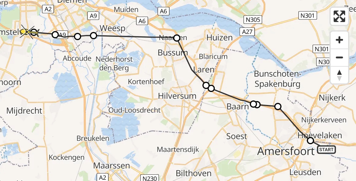 Routekaart van de vlucht: Politiehelikopter naar Amstelveen