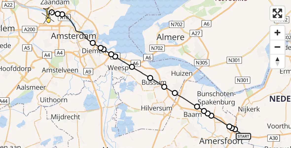 Routekaart van de vlucht: Lifeliner 1 naar Amsterdam Heliport