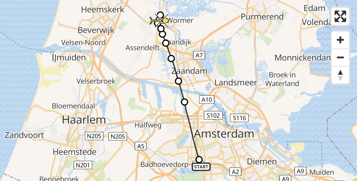 Routekaart van de vlucht: Lifeliner 1 naar Wormerveer