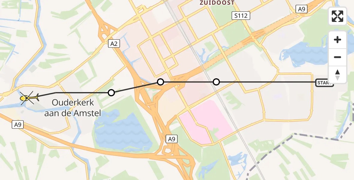 Routekaart van de vlucht: Politieheli naar Ouderkerk aan de Amstel