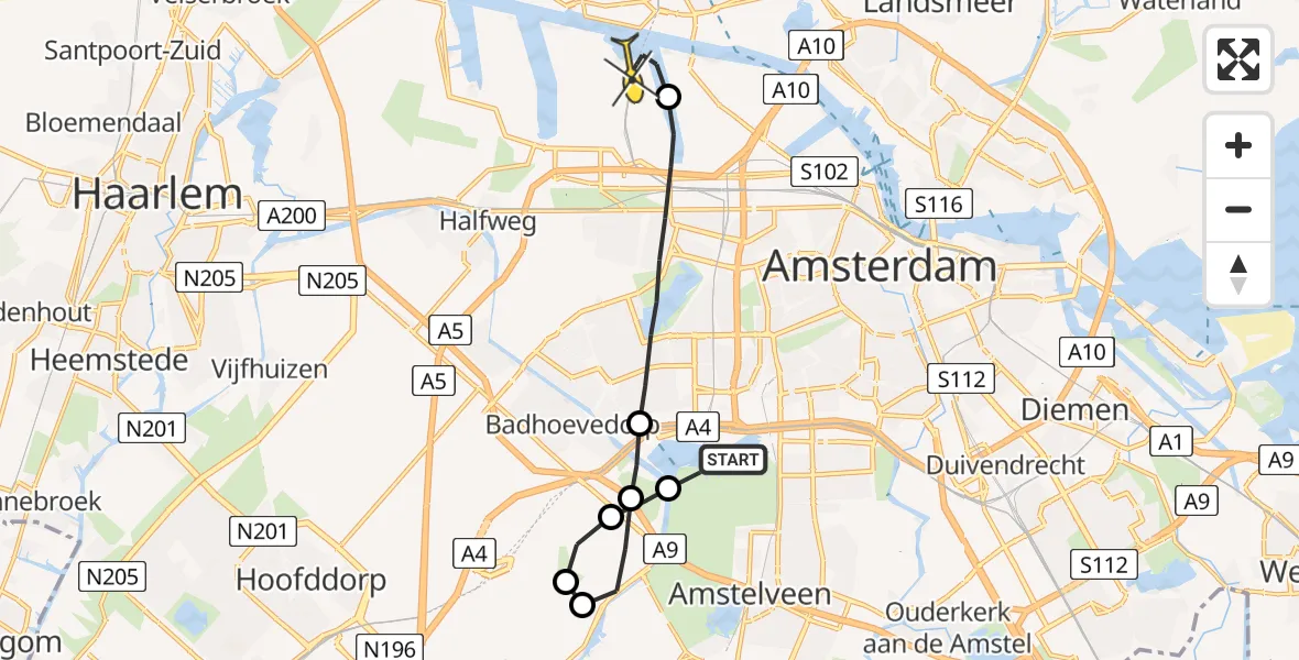 Routekaart van de vlucht: Lifeliner 1 naar Amsterdam Heliport