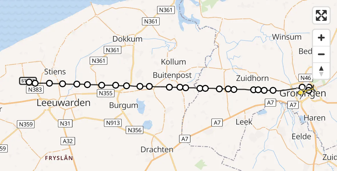 Routekaart van de vlucht: Lifeliner 4 naar Universitair Medisch Centrum Groningen