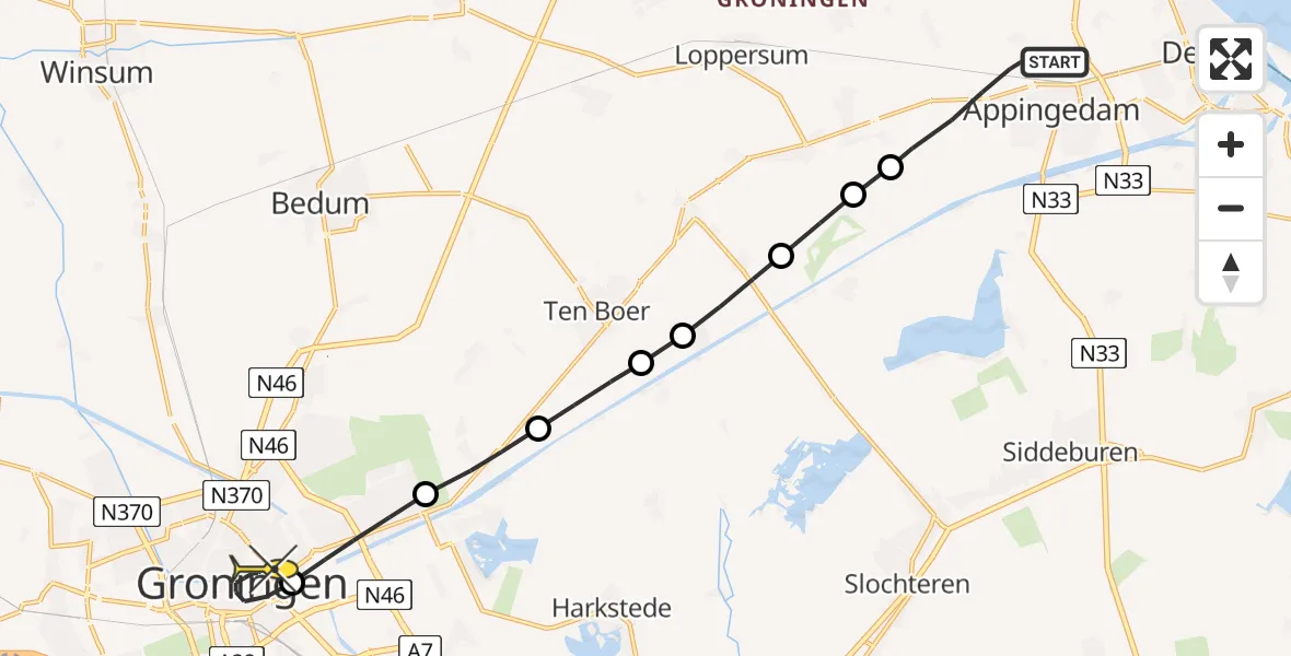 Routekaart van de vlucht: Lifeliner 4 naar Universitair Medisch Centrum Groningen