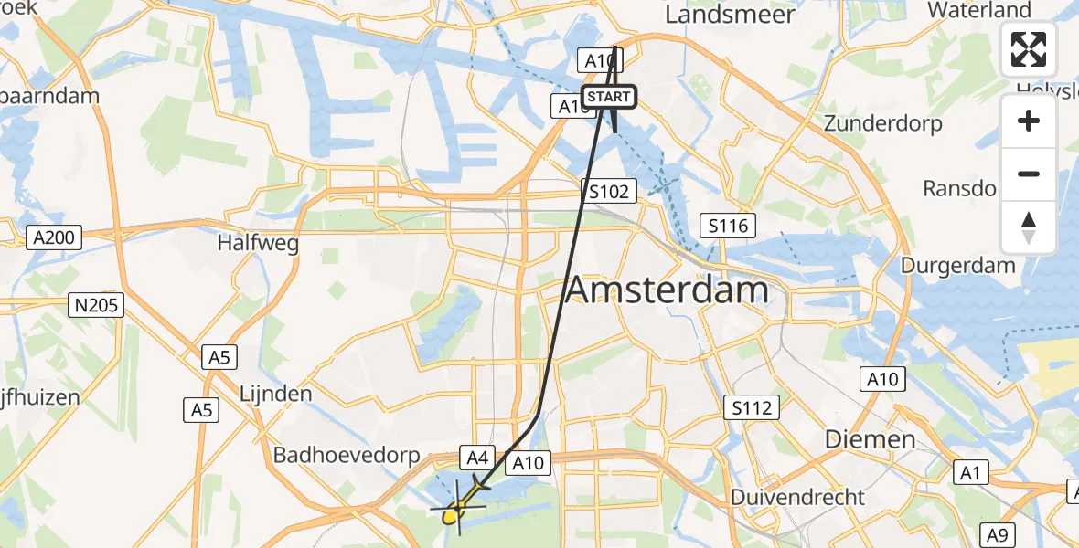 Routekaart van de vlucht: Politieheli naar Amsterdam