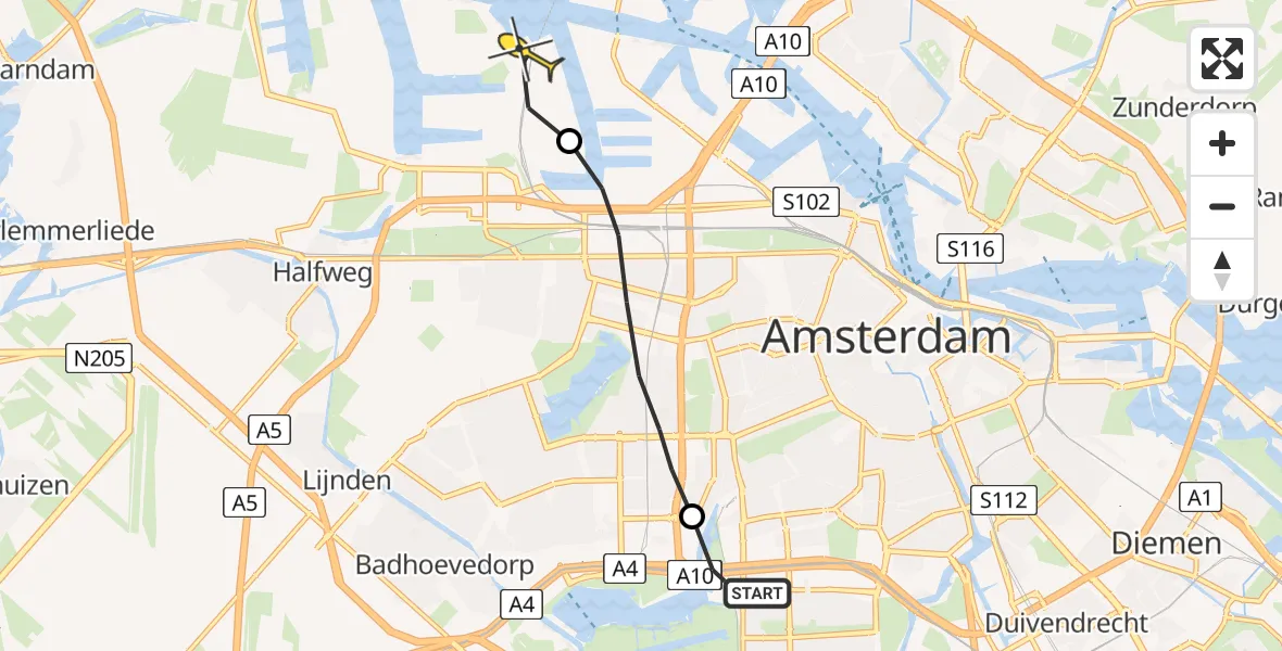 Routekaart van de vlucht: Lifeliner 1 naar Amsterdam Heliport