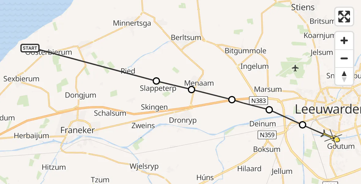 Routekaart van de vlucht: Ambulanceheli naar Leeuwarden