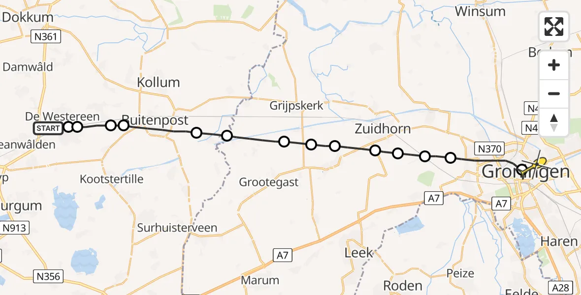 Routekaart van de vlucht: Lifeliner 4 naar Universitair Medisch Centrum Groningen