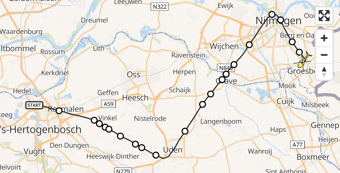 Routekaart van de vlucht: Lifeliner 3 naar Groesbeek