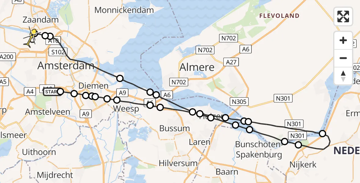 Routekaart van de vlucht: Lifeliner 1 naar Amsterdam Heliport