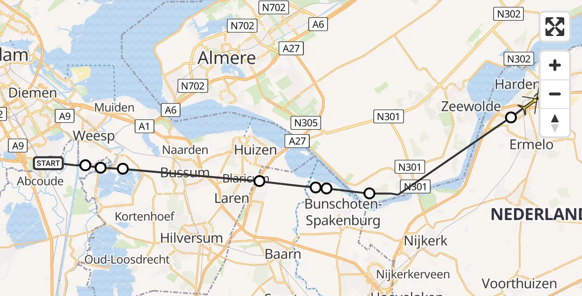 Routekaart van de vlucht: Politieheli naar Harderwijk