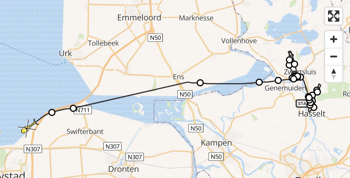 Routekaart van de vlucht: Politieheli naar Lelystad