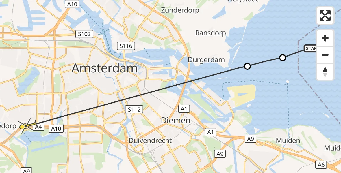 Routekaart van de vlucht: Politieheli naar Amsterdam