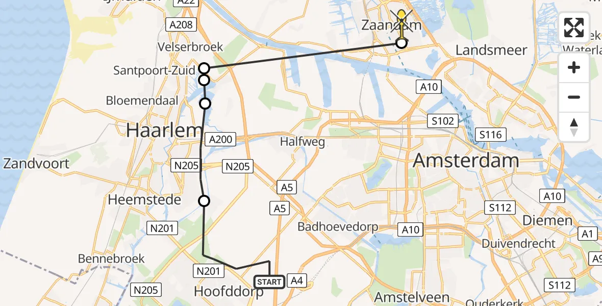 Routekaart van de vlucht: Politiehelikopter naar Zaandam