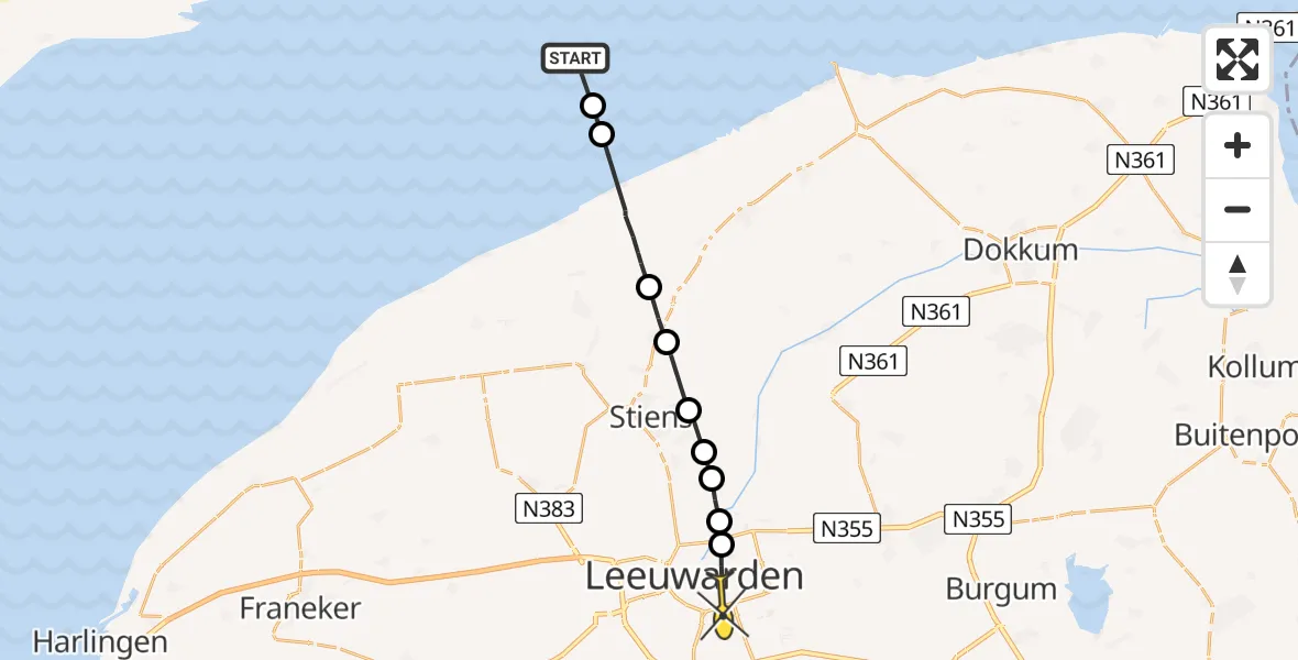 Routekaart van de vlucht: Ambulanceheli naar Leeuwarden