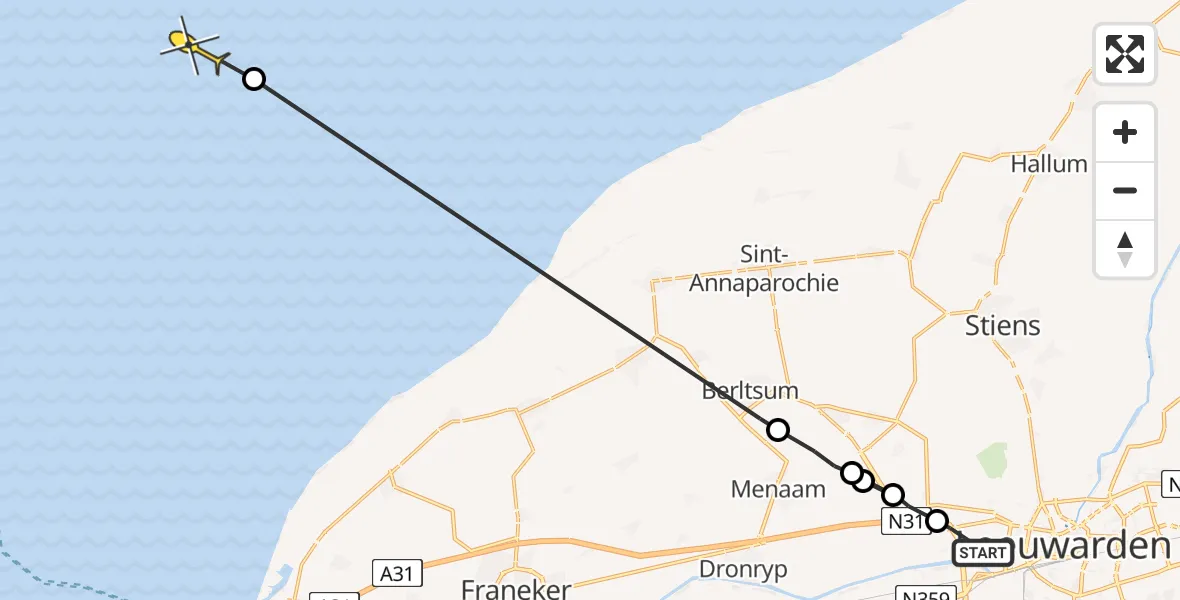 Routekaart van de vlucht: Ambulanceheli naar Oosterend