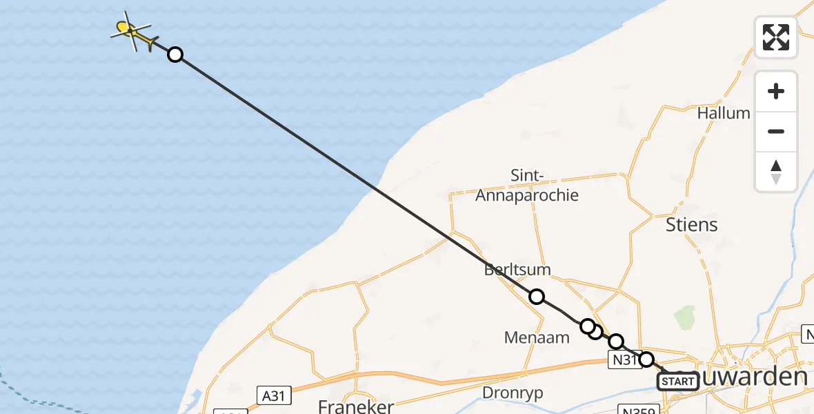 Routekaart van de vlucht: Ambulancehelikopter naar Oosterend