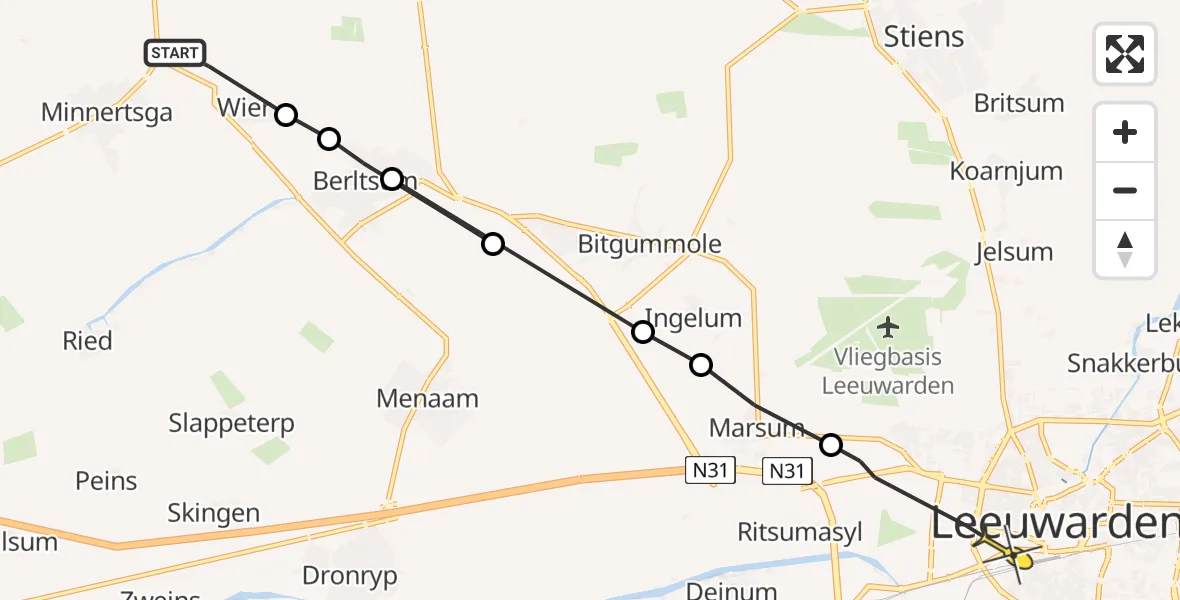Vluchtroute Ambulancehelikopter van Minnertsga naar Leeuwarden