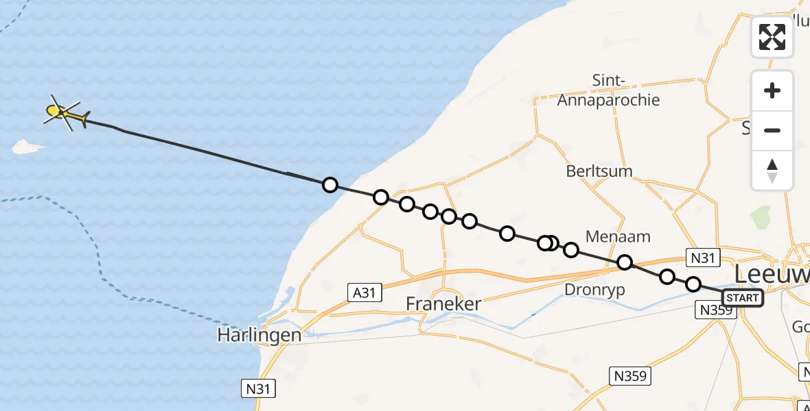 Routekaart van de vlucht: Ambulanceheli naar West-Terschelling