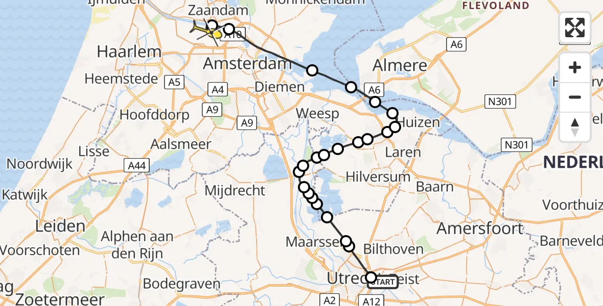 Routekaart van de vlucht: Lifeliner 1 naar Amsterdam Heliport