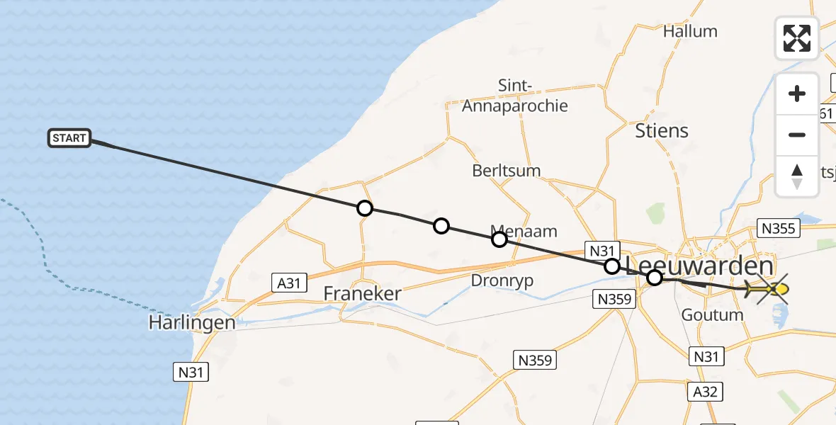 Routekaart van de vlucht: Ambulanceheli naar Leeuwarden