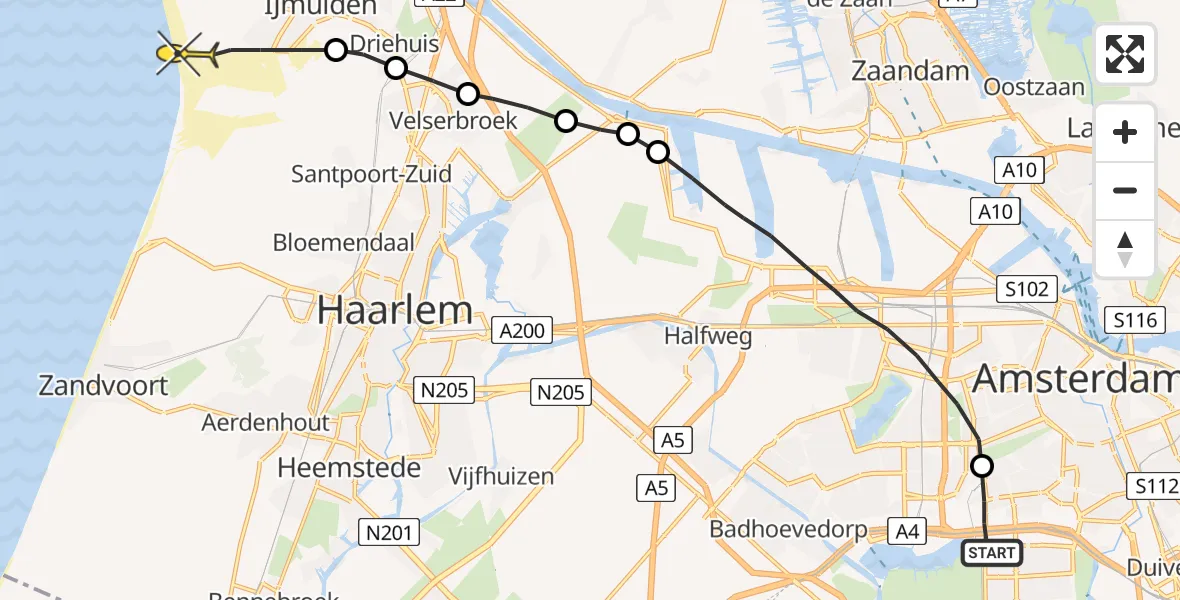 Routekaart van de vlucht: Lifeliner 1 naar IJmuiden