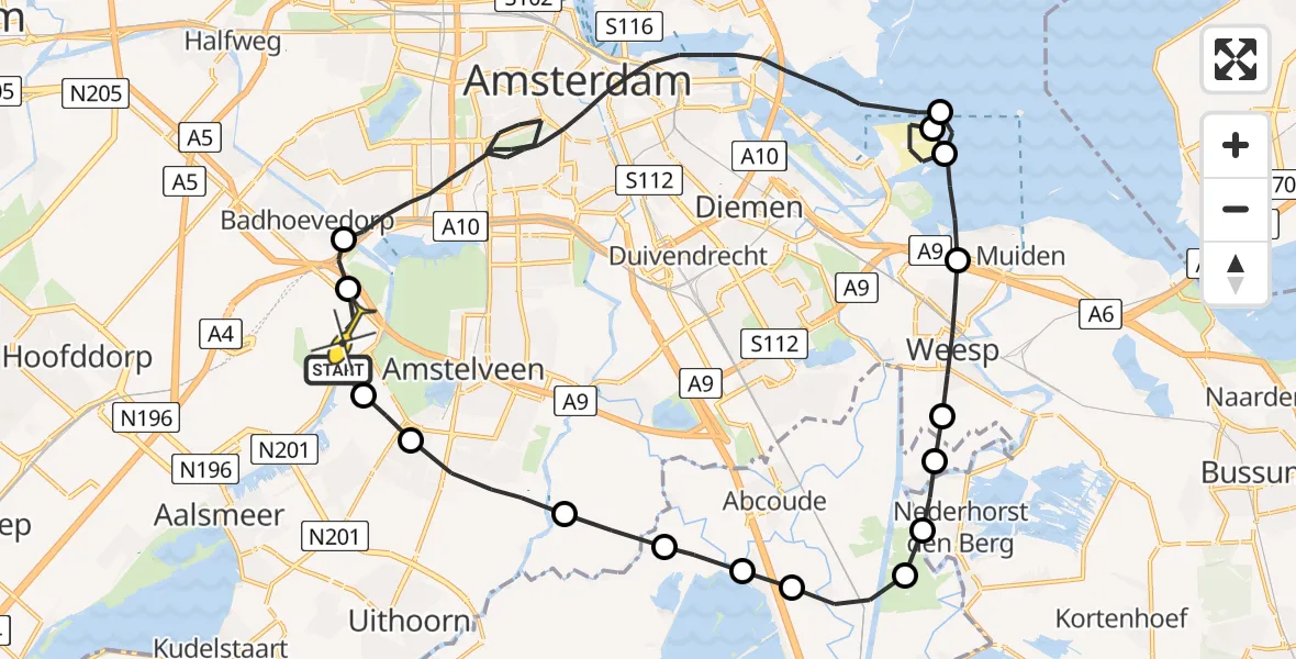 Routekaart van de vlucht: Politieheli naar Schiphol