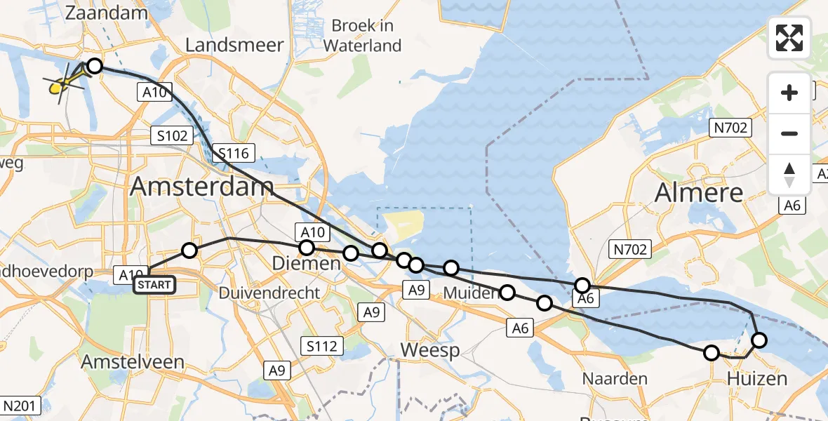 Routekaart van de vlucht: Lifeliner 1 naar Amsterdam Heliport