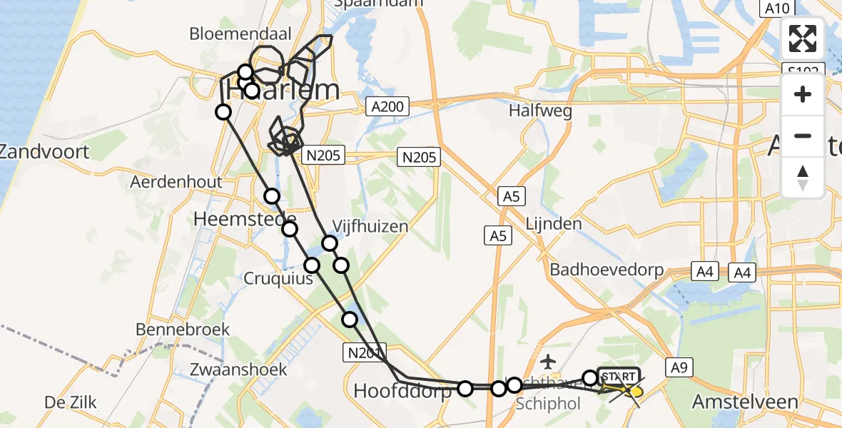 Routekaart van de vlucht: Politieheli naar Schiphol