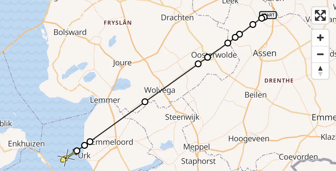 Routekaart van de vlucht: Politieheli naar Lelystad