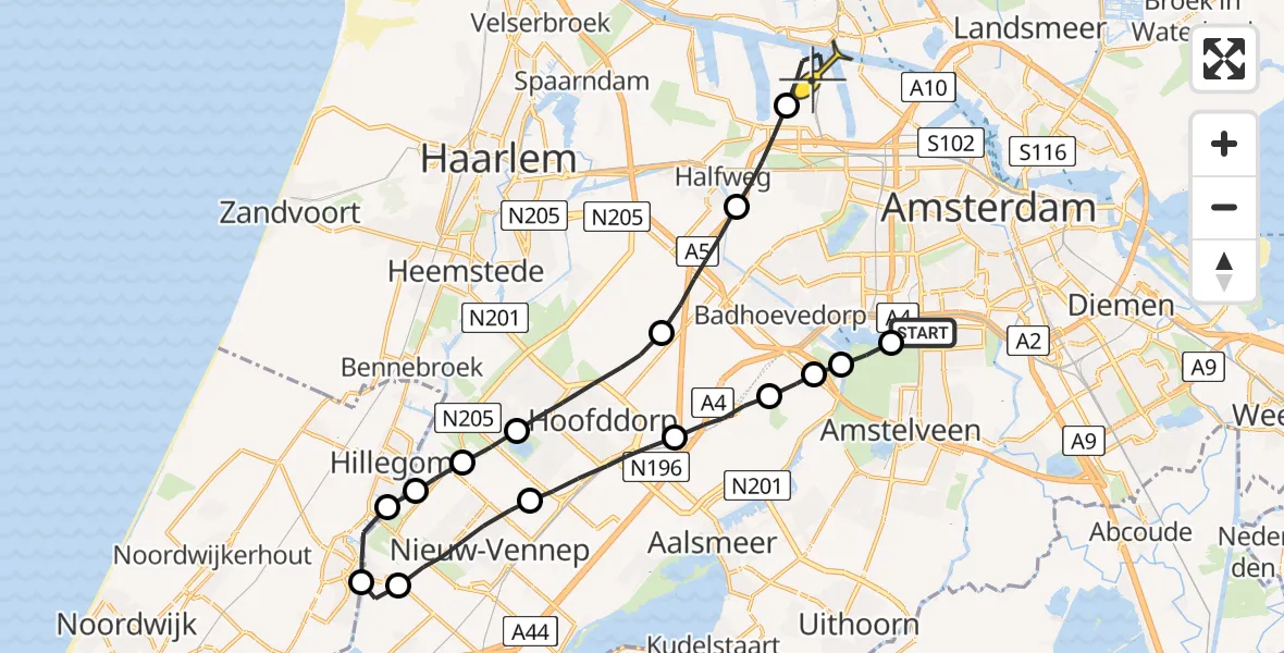 Routekaart van de vlucht: Lifeliner 1 naar Amsterdam Heliport