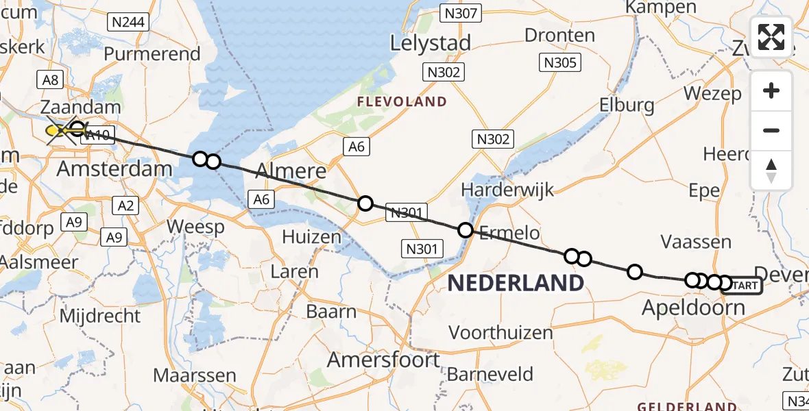 Routekaart van de vlucht: Lifeliner 1 naar Amsterdam Heliport