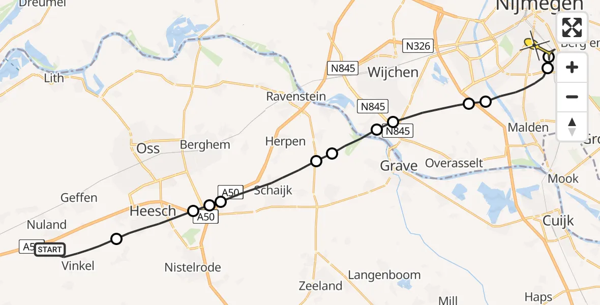 Routekaart van de vlucht: Lifeliner 3 naar Radboud Universitair Medisch Centrum