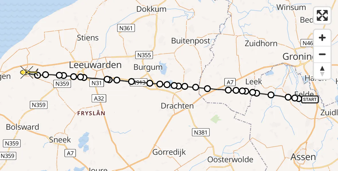 Routekaart van de vlucht: Lifeliner 4 naar Franeker