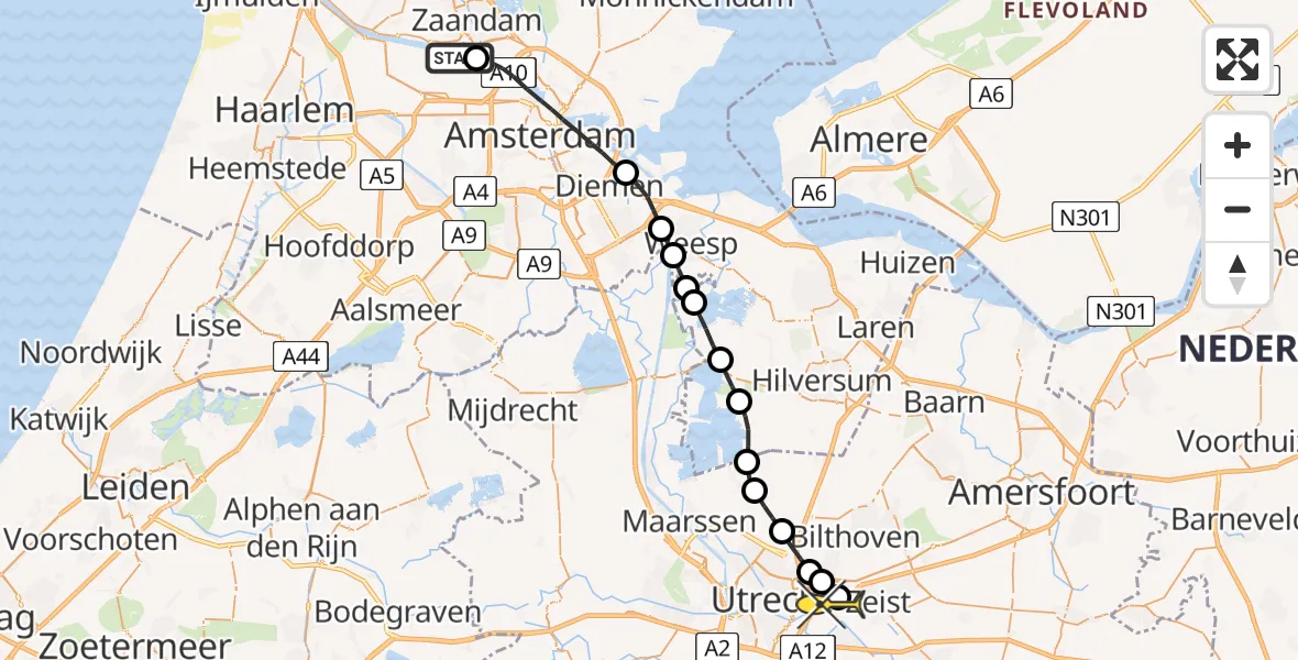 Routekaart van de vlucht: Lifeliner 1 naar Universitair Medisch Centrum Utrecht