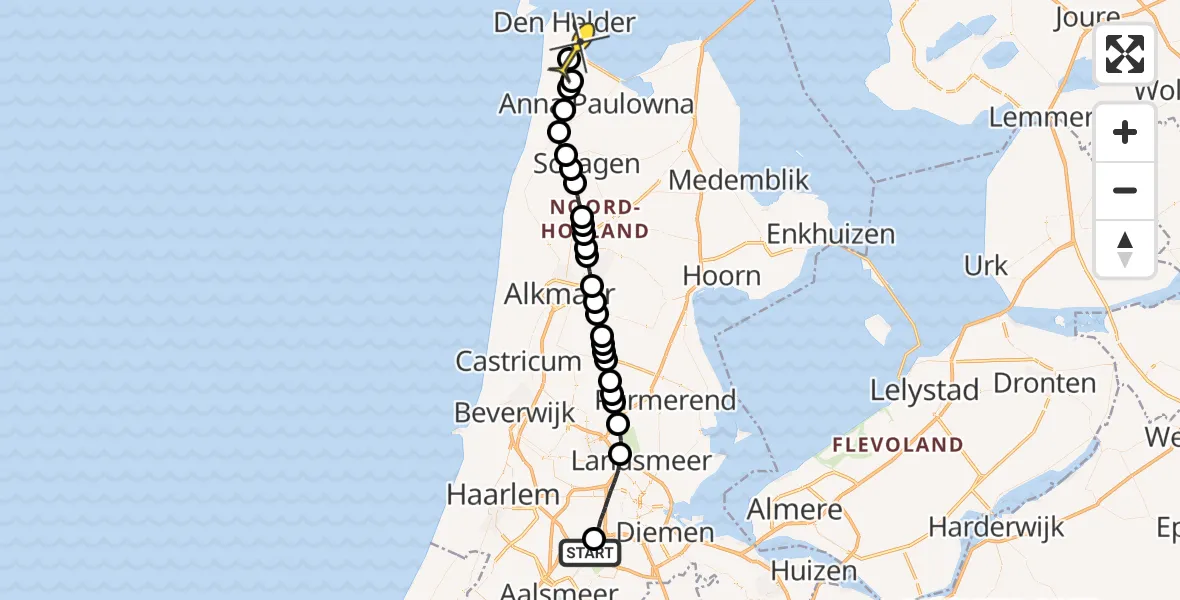 Routekaart van de vlucht: Politieheli naar Vliegveld De Kooy